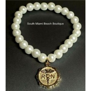 RN Nursing Caduceus Pearl Bead Charm Bracelet Gold Plated Nurse Graduation Gift